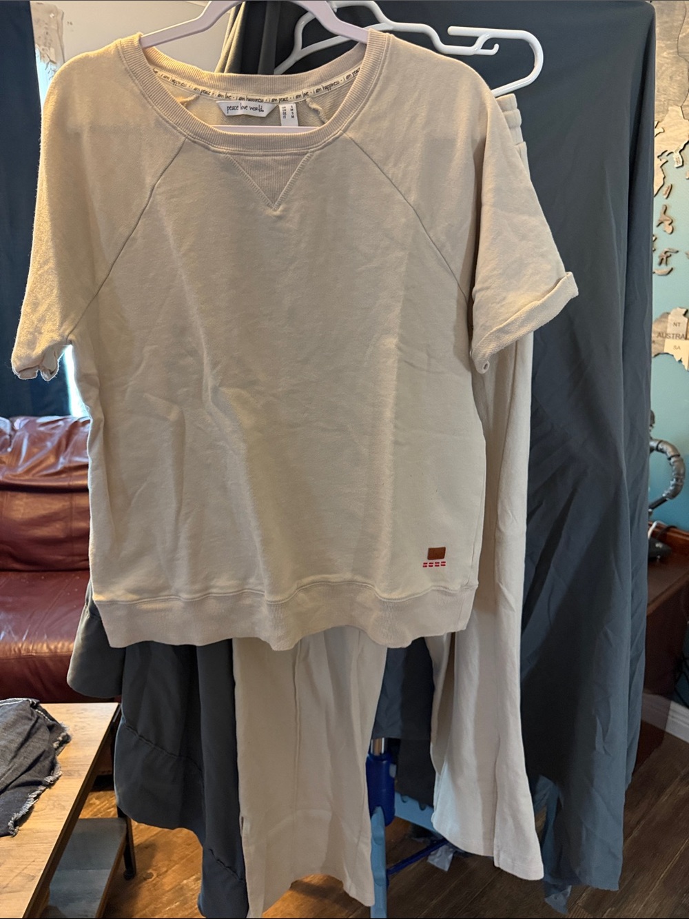 Peace Love World women’s Short Sleeve Sweatshirt in Cream with elastic waistband